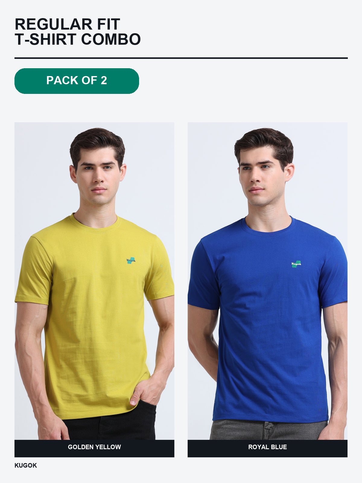 Kugok Men's Regular Fit T-Shirt Combo Pack of 2 | Golden Yellow + Royal Blue