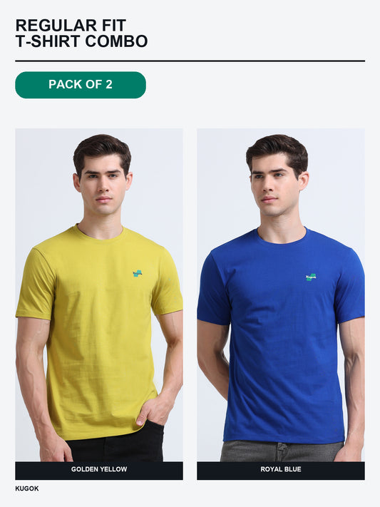 Kugok Men's Regular Fit T-Shirt Combo Pack of 2 | Golden Yellow + Royal Blue