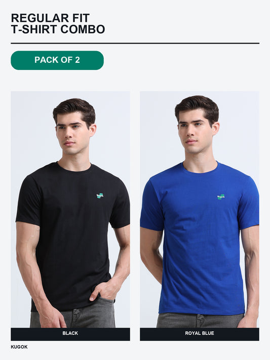 Kugok Men's Regular Fit T-Shirt Combo Pack of 2 | Black + Royal Blue