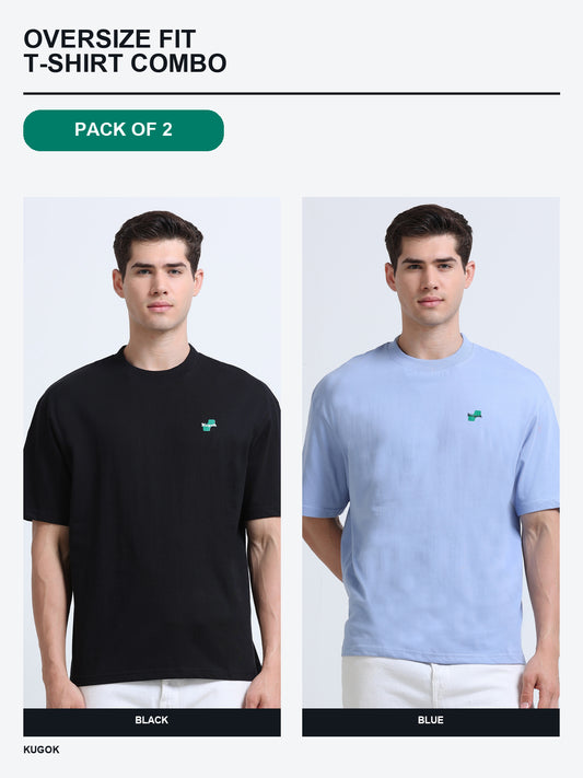 Kugok Men's Oversize Fit T-Shirt Combo Pack of 2 | Black + Blue