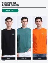 Kugok Men's Oversize Fit T-Shirt Combo Pack of 3 | Black + Ocean Teal + Orange