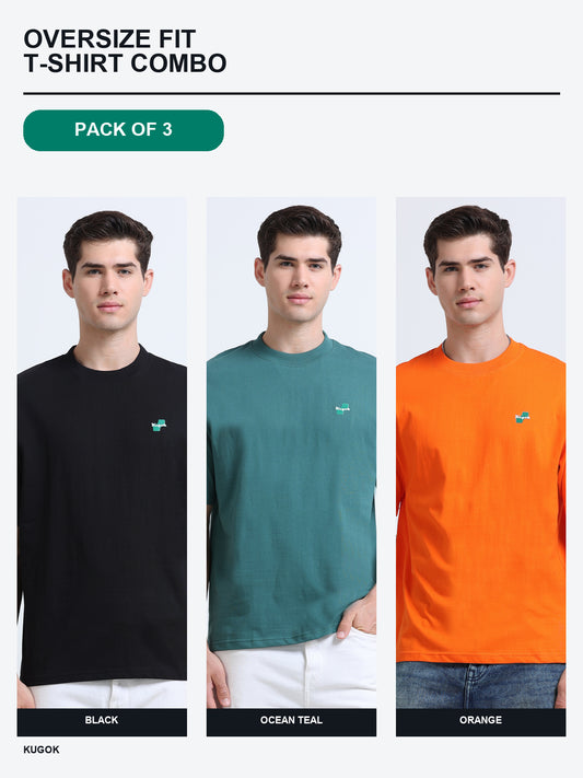 Kugok Men's Oversize Fit T-Shirt Combo Pack of 3 | Black + Ocean Teal + Orange
