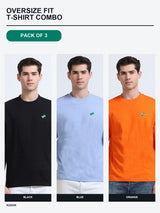 Kugok Men's Oversize Fit T-Shirt Combo Pack of 3 | Black + Blue + Orange