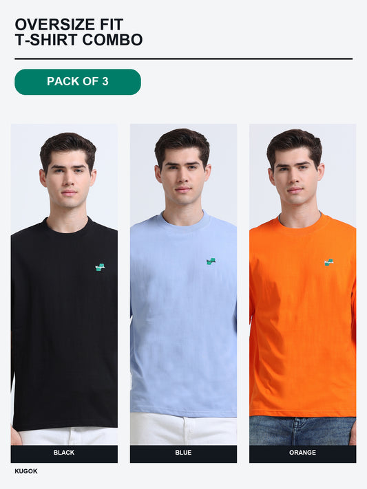 Kugok Men's Oversize Fit T-Shirt Combo Pack of 3 | Black + Blue + Orange