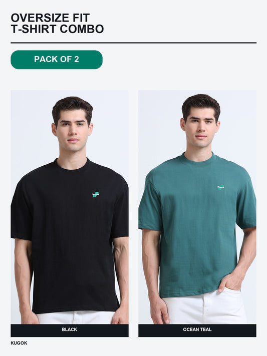 Kugok Men's Oversize Fit T-Shirt Combo Pack of 2 | Black + Ocean Teal