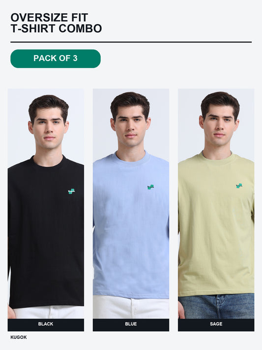 Kugok Men's Oversize Fit T-Shirt Combo Pack of 3 | Black + Blue + Sage