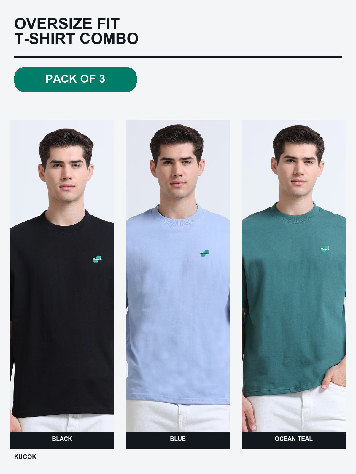 Kugok Men's Oversize Fit T-Shirt Combo Pack of 3 | Black + Blue + Ocean Teal