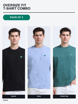 Kugok Men's Oversize Fit T-Shirt Combo Pack of 3 | Black + Blue + Ocean Teal