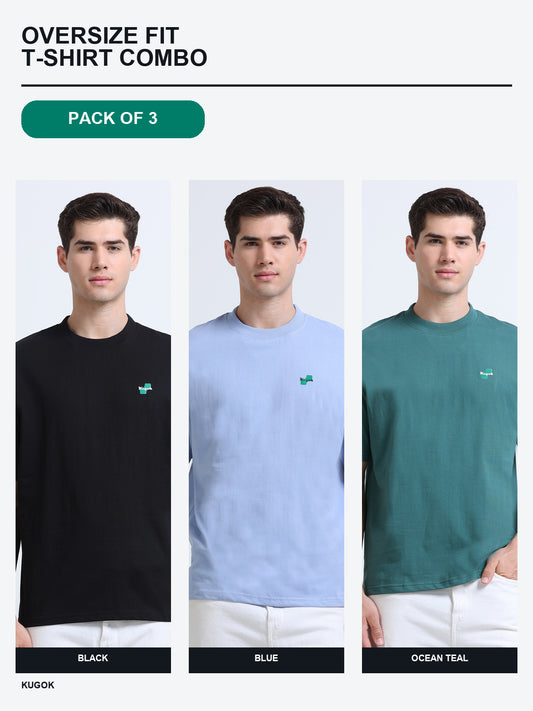 Kugok Men's Oversize Fit T-Shirt Combo Pack of 3 | Black + Blue + Ocean Teal