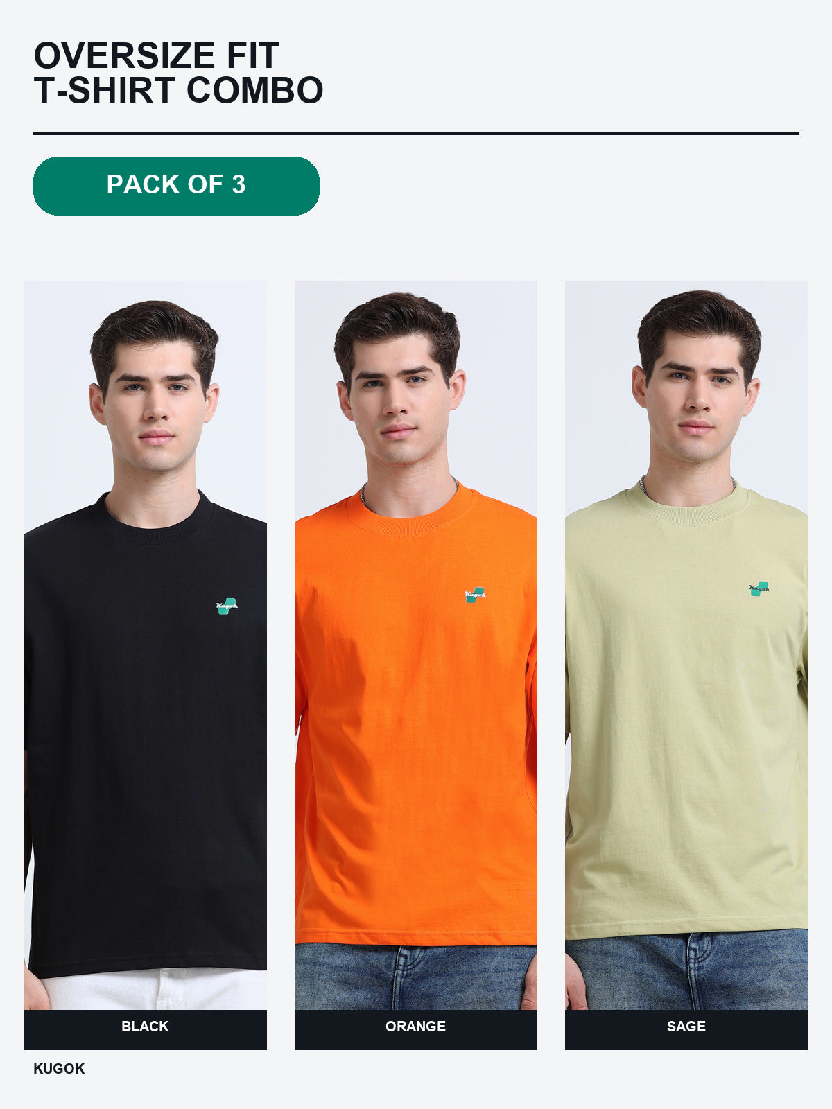 Kugok Men's Oversize Fit T-Shirt Combo Pack of 3 | Black + Orange + Sage