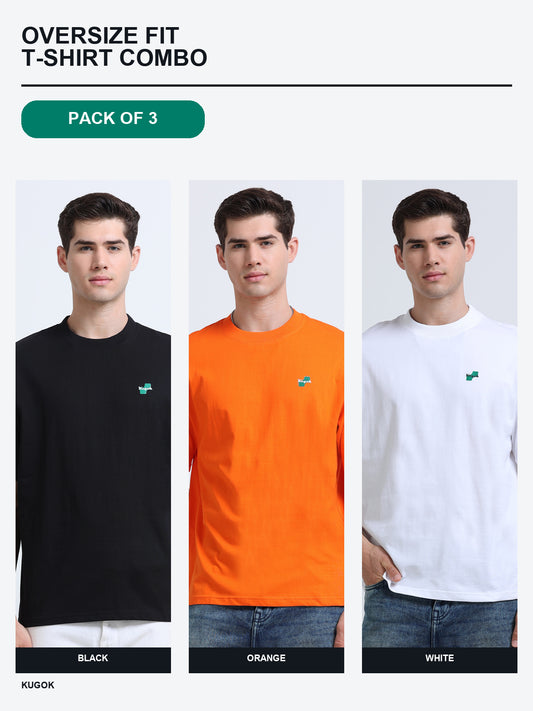 Kugok Men's Oversize Fit T-Shirt Combo Pack of 3 | Black + Orange + White