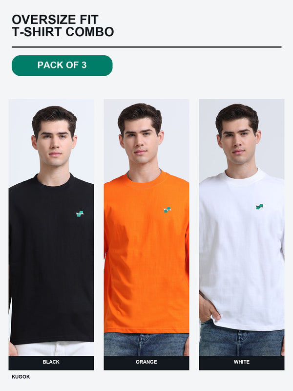 Kugok Men's Oversize Fit T-Shirt Combo Pack of 3 | Black + Orange + White