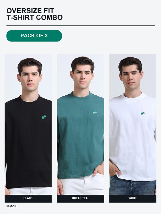 Kugok Men's Oversize Fit T-Shirt Combo Pack of 3 | Black + Ocean Teal + White