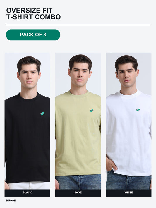 Kugok Men's Oversize Fit T-Shirt Combo Pack of 3 | Black + Sage + White