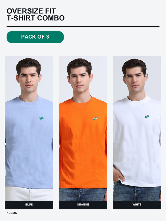 Kugok Men's Oversize Fit T-Shirt Combo Pack of 3 | Blue + Orange + White