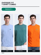 Kugok Men's Oversize Fit T-Shirt Combo Pack of 3 | Blue + Ocean Teal + Orange