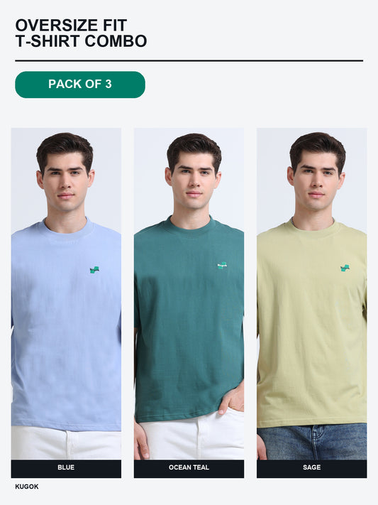 Kugok Men's Oversize Fit T-Shirt Combo Pack of 3 | Blue + Ocean Teal + Sage