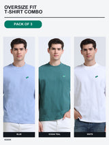 Kugok Men's Oversize Fit T-Shirt Combo Pack of 3 | Blue + Ocean Teal + White