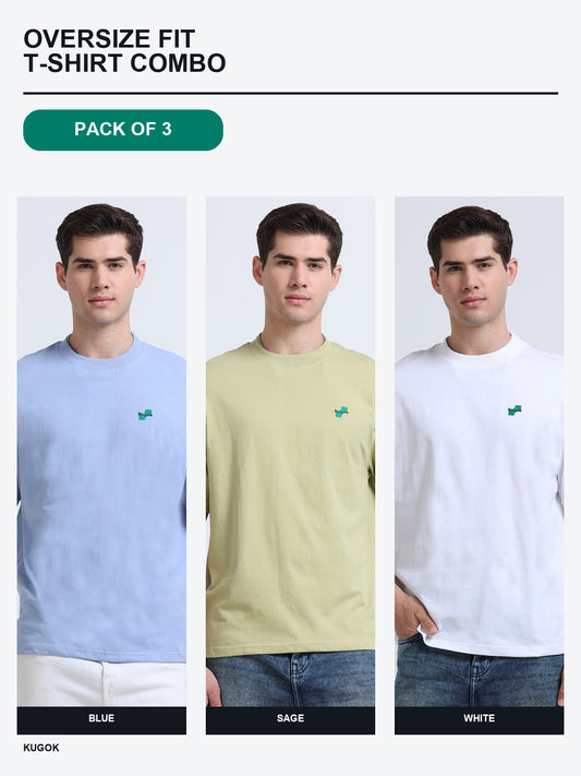 Kugok Men's Oversize Fit T-Shirt Combo Pack of 3 | Blue + Sage + White