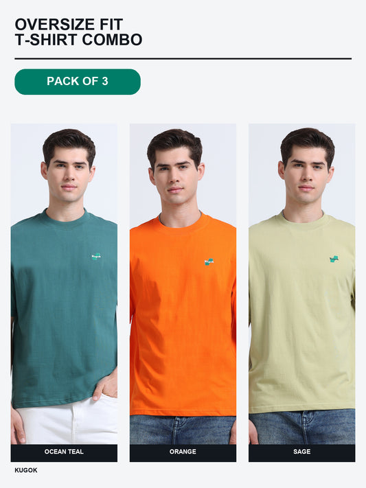 Kugok Men's Oversize Fit T-Shirt Combo Pack of 3 | Ocean Teal + Orange + Sage