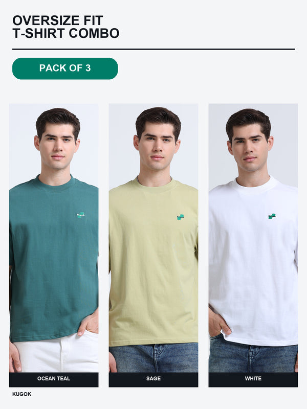 Kugok Men's Oversize Fit T-Shirt Combo Pack of 3 | Ocean Teal + Sage + White