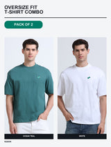 Kugok Men's Oversize Fit T-Shirt Combo Pack of 2 | Ocean Teal + White