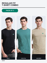 Kugok Men's Regular Fit T-Shirt Combo Pack of 3 | Black + Ocean Teal + Sand Beige