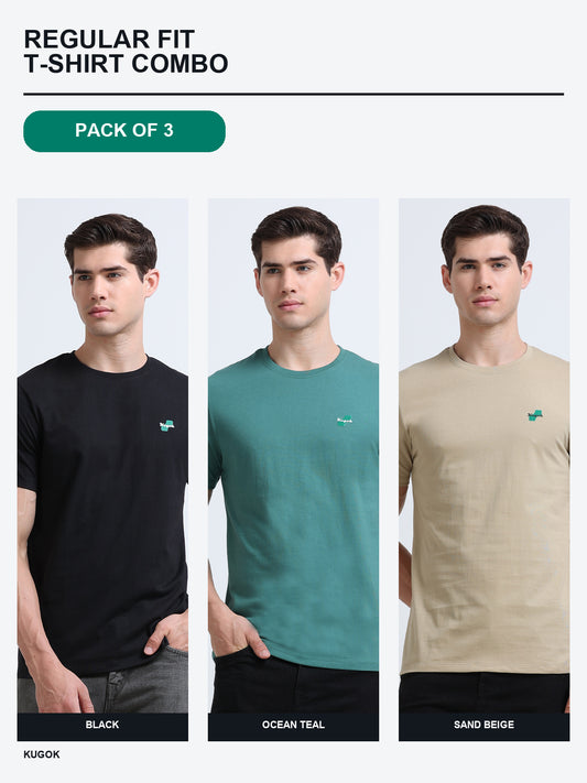 Kugok Men's Regular Fit T-Shirt Combo Pack of 3 | Black + Ocean Teal + Sand Beige