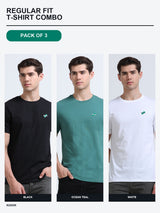 Kugok Men's Regular Fit T-Shirt Combo Pack of 3 | Black + Ocean Teal + White