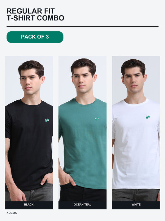 Kugok Men's Regular Fit T-Shirt Combo Pack of 3 | Black + Ocean Teal + White
