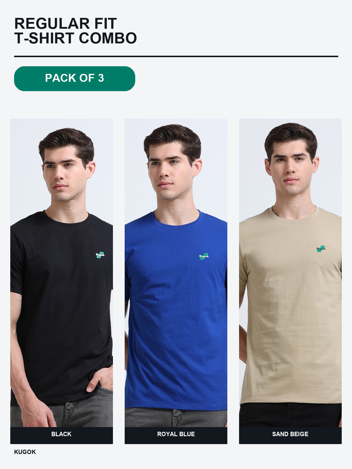 Kugok Men's Regular Fit T-Shirt Combo Pack of 3 | Black + Royal Blue + Sand Beige
