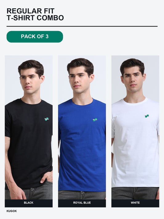 Kugok Men's Regular Fit T-Shirt Combo Pack of 3 | Black + Royal Blue + White