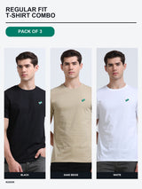 Kugok Men's Regular Fit T-Shirt Combo Pack of 3 | Black + Sand Beige + White