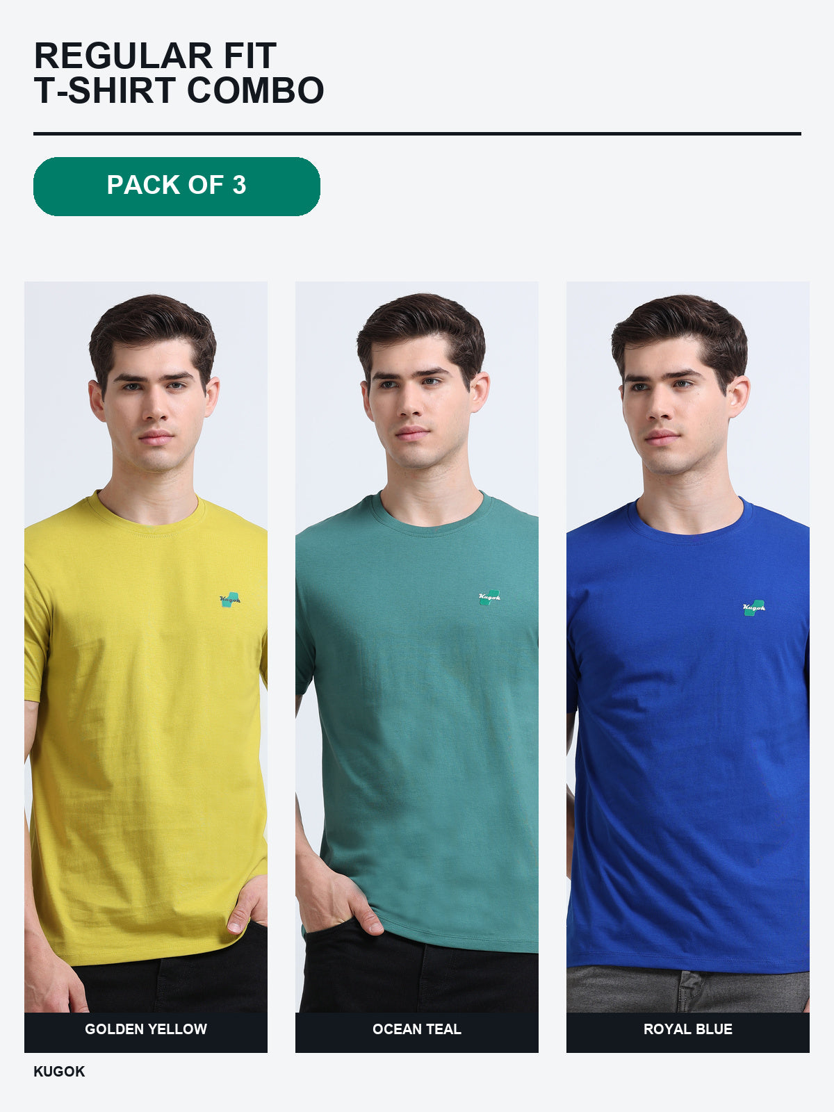 Kugok Men's Regular Fit T-Shirt Combo Pack of 3 | Golden Yellow + Ocean Teal + Royal Blue