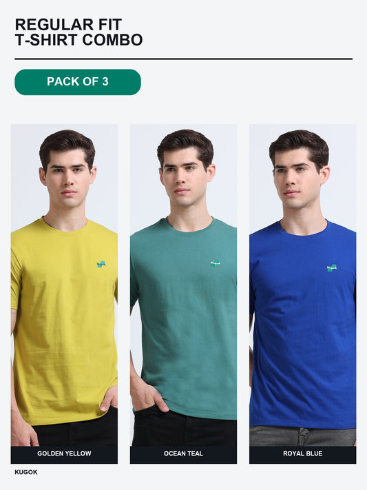 Kugok Men's Regular Fit T-Shirt Combo Pack of 3 | Golden Yellow + Ocean Teal + Royal Blue