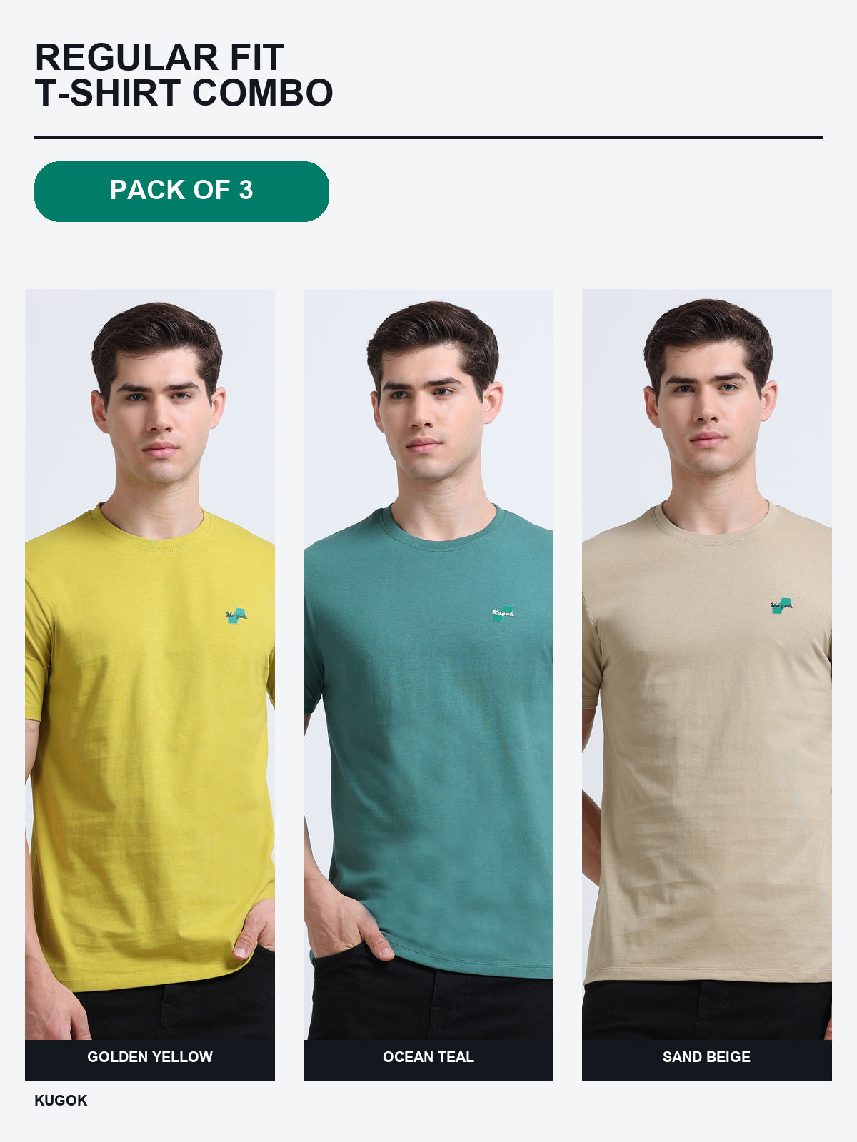 Kugok Men's Regular Fit T-Shirt Combo Pack of 3 | Golden Yellow + Ocean Teal + Sand Beige
