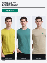 Kugok Men's Regular Fit T-Shirt Combo Pack of 3 | Golden Yellow + Ocean Teal + Sand Beige