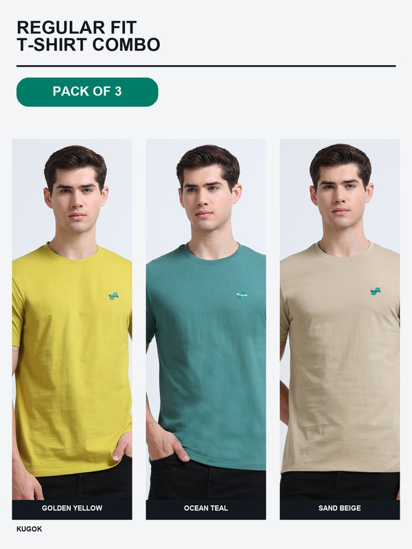 Kugok Men's Regular Fit T-Shirt Combo Pack of 3 | Golden Yellow + Ocean Teal + Sand Beige