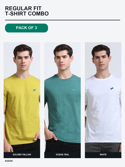 Kugok Men's Regular Fit T-Shirt Combo Pack of 3 | Golden Yellow + Ocean Teal + White
