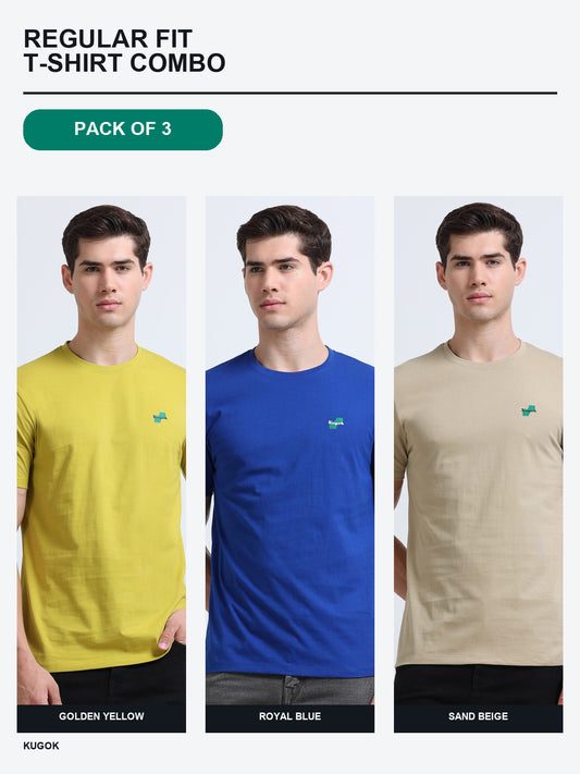 Kugok Men's Regular Fit T-Shirt Combo Pack of 3 | Golden Yellow + Royal Blue + Sand Beige