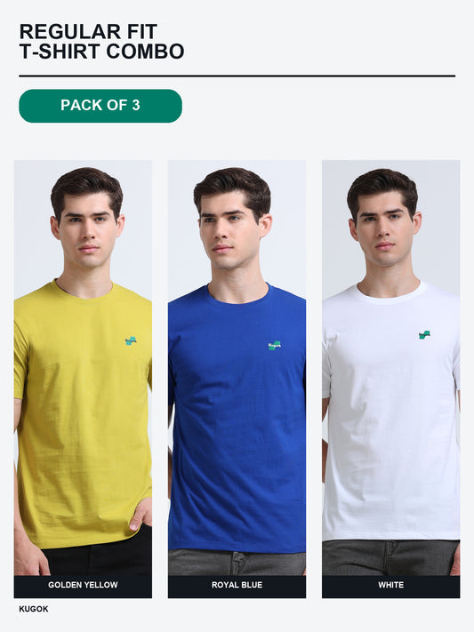 Kugok Men's Regular Fit T-Shirt Combo Pack of 3 | Golden Yellow + Royal Blue + White