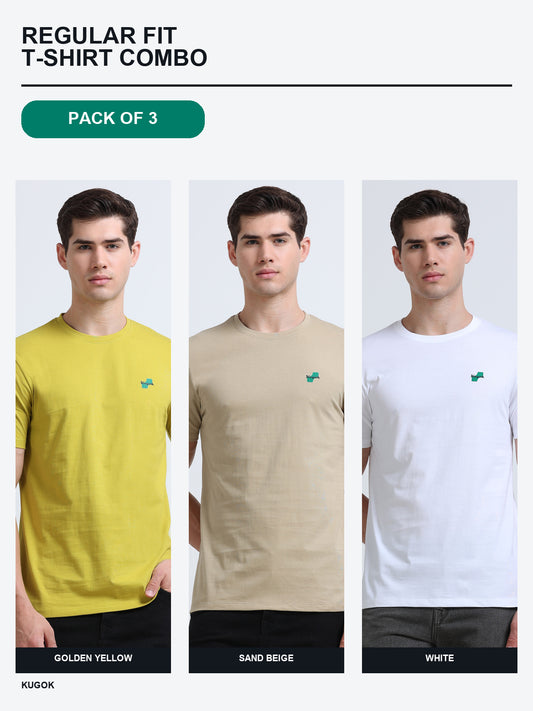 Kugok Men's Regular Fit T-Shirt Combo Pack of 3 | Golden Yellow + Sand Beige + White