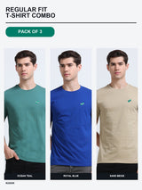 Kugok Men's Regular Fit T-Shirt Combo Pack of 3 | Ocean Teal + Royal Blue + Sand Beige