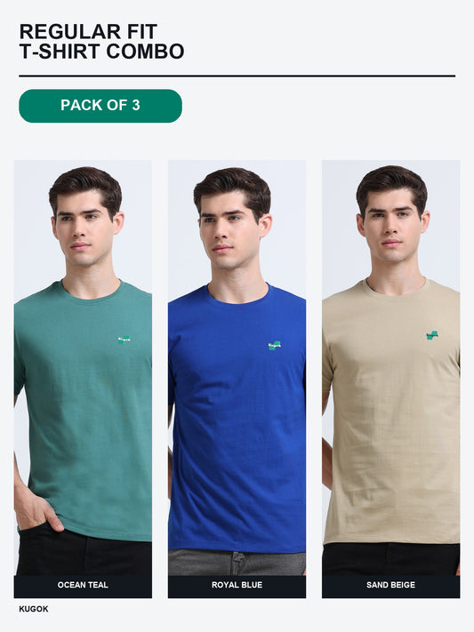 Kugok Men's Regular Fit T-Shirt Combo Pack of 3 | Ocean Teal + Royal Blue + Sand Beige