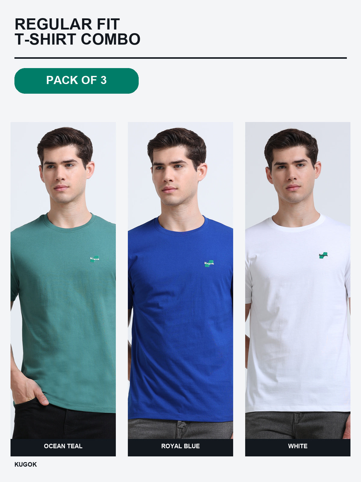 Kugok Men's Regular Fit T-Shirt Combo Pack of 3 | Ocean Teal + Royal Blue + White