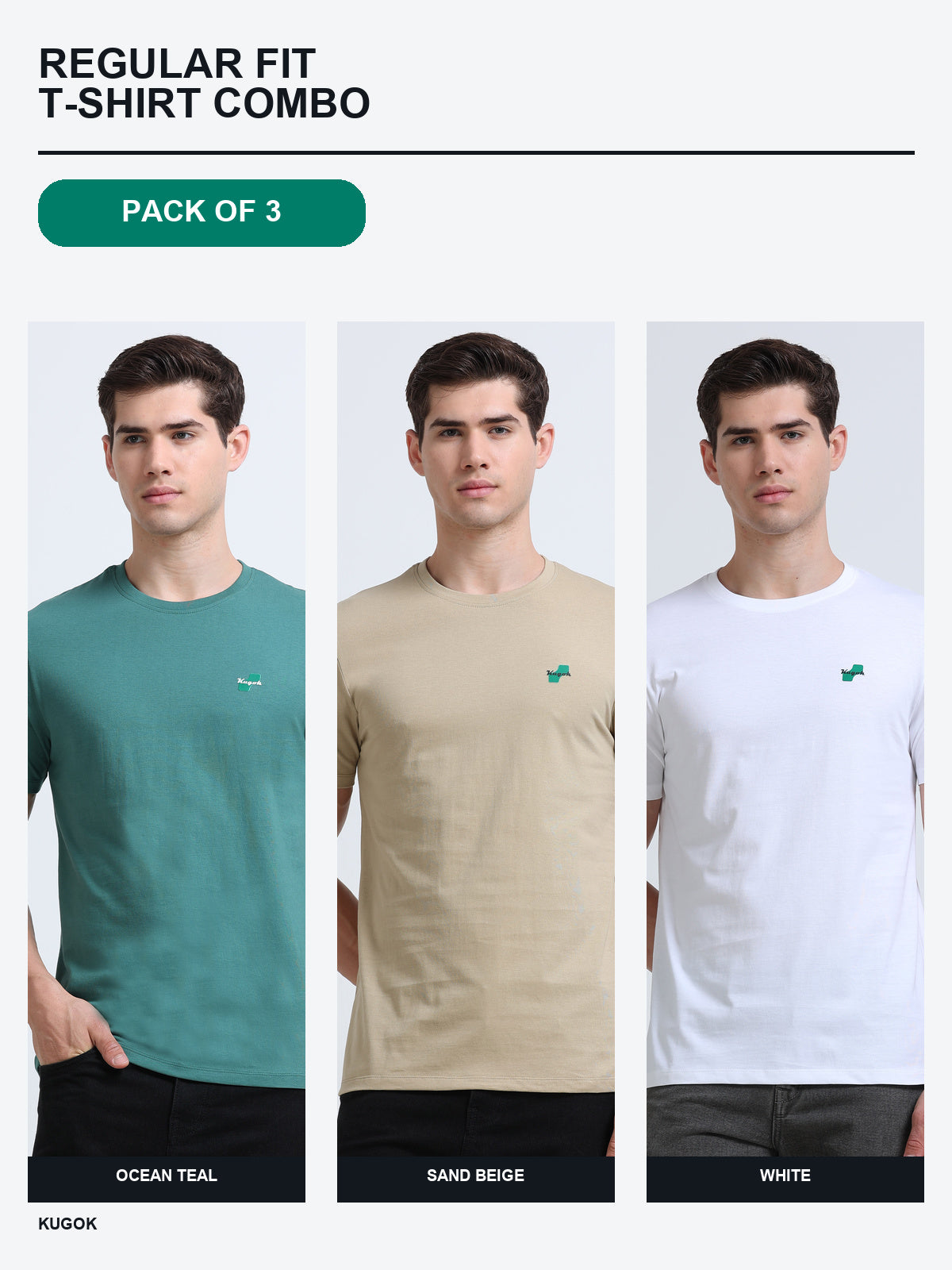 Kugok Men's Regular Fit T-Shirt Combo Pack of 3 | Ocean Teal + Sand Beige + White