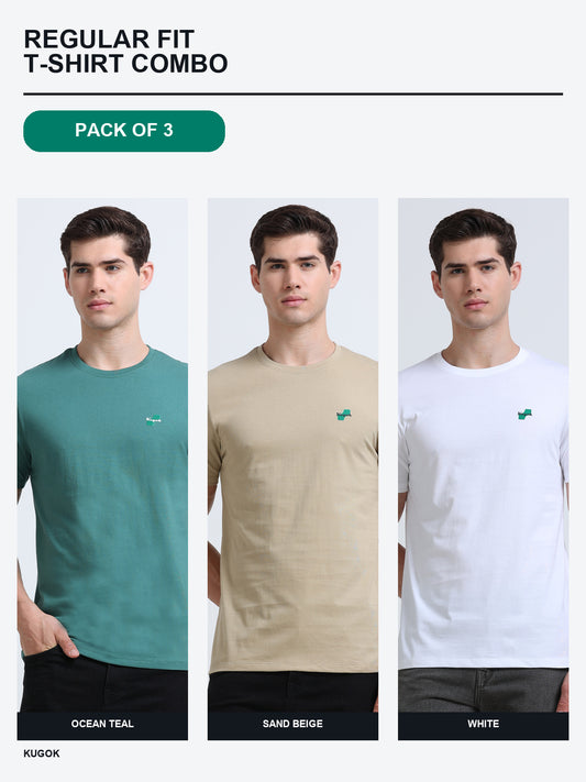Kugok Men's Regular Fit T-Shirt Combo Pack of 3 | Ocean Teal + Sand Beige + White